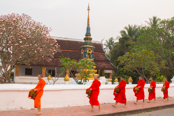 Monks marching past Wat Sene Souk Haram in Luang Prabang
