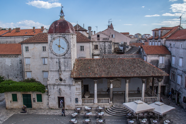 Church of St Sebastian with the city clock tower and the city loggia in Trogir, Dalmatia in Croatia
