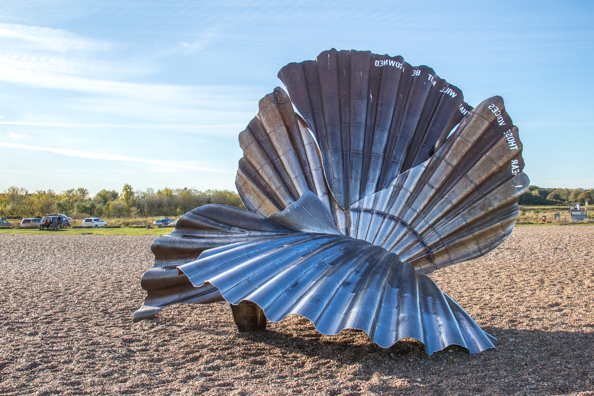 Scallop sculture on the beach at Aldeburgh in Suffolk