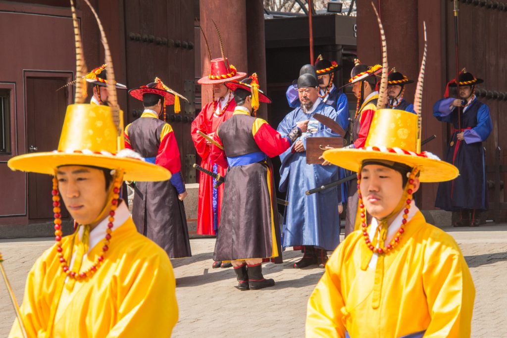 Changing of the guards ceremony at Deoksu Palace in Seoul, South Korea