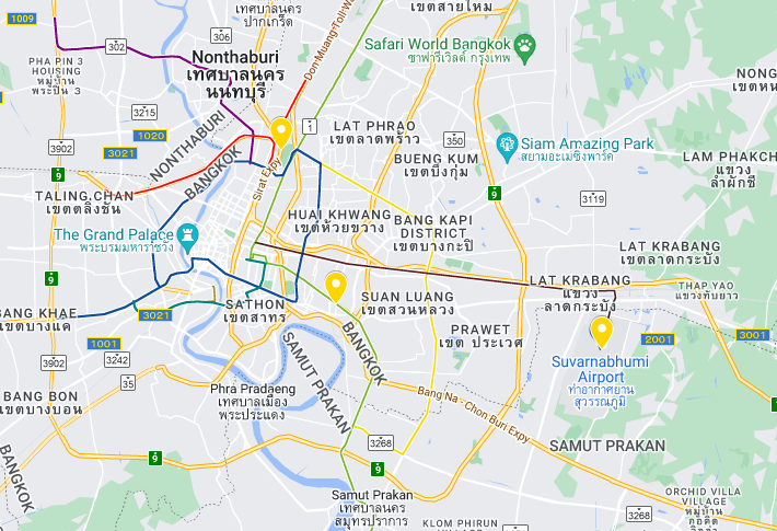 custom map of bus stations where you can catch buses in bangkok to get to pattaya
